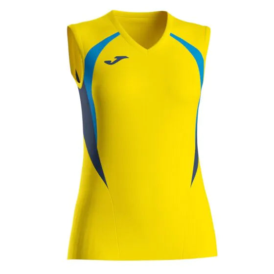 Yellow sleeveless sports top with blue and black accents on a white background