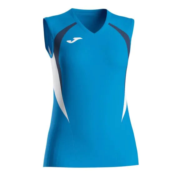 Blue sleeveless sports top with white accents on a white background