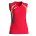 Red sleeveless sports top with gold and navy accents on a white background