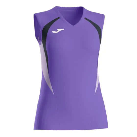 Purple sleeveless sports top with black and white accents on a white background