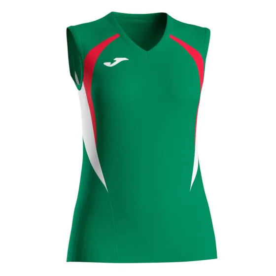 Green sleeveless sports top with red and white accents on a white background