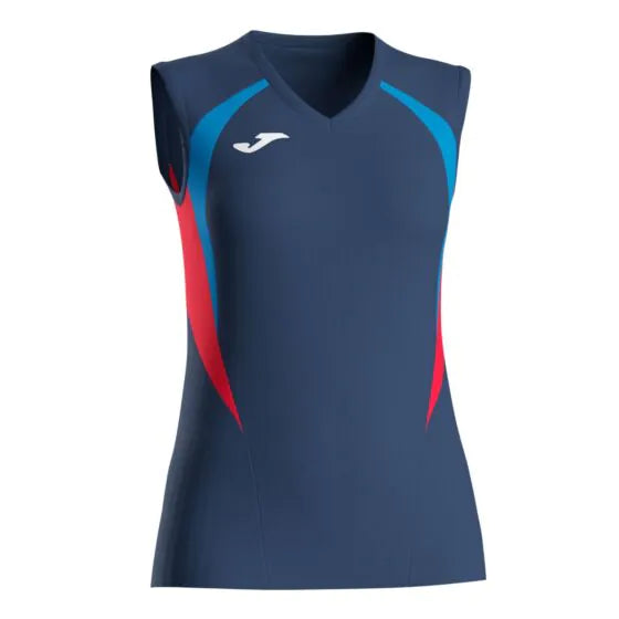 Blue sleeveless sports top with red and blue accents on a white background