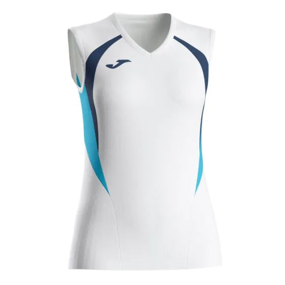 White sleeveless sports top with blue accents on a white background