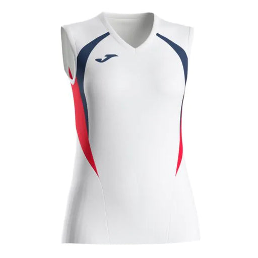 White sleeveless sports top with red and blue accents on a white background