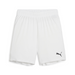 A pair of white Puma team goal shorts with a white Puma logo on the left leg.
