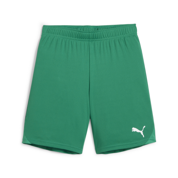 A pair of green Puma team goal shorts with a white Puma logo on the left leg.