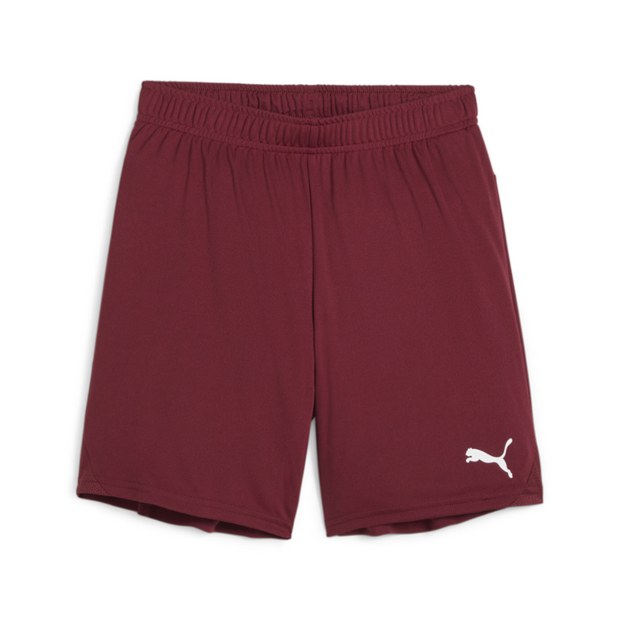 A pair of Burgundy Puma team goal shorts with a white Puma logo on the left leg.