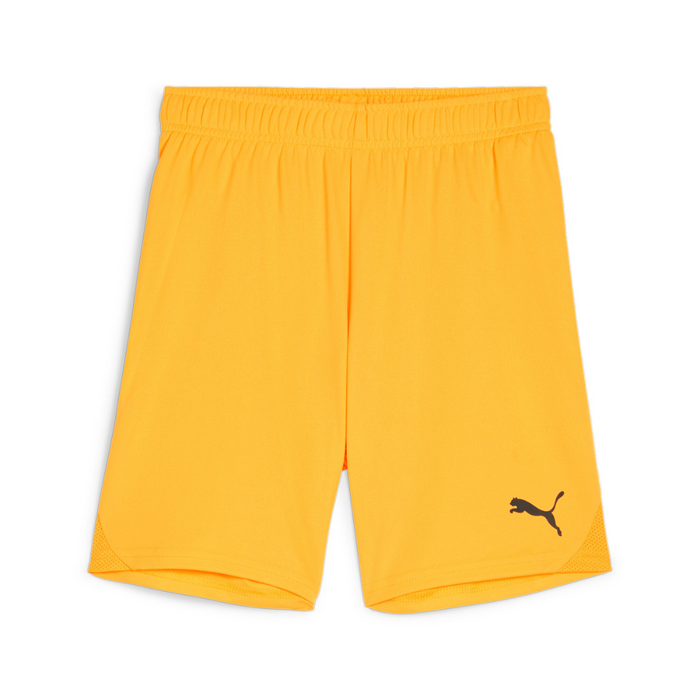 A pair of yellow Puma team goal shorts with a white Puma logo on the left leg.