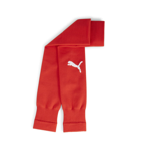 A red Puma teamGOAL Sleeve Sock with white Puma logo on the side, designed for sports uniform use.