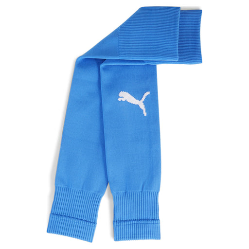 A blue Puma teamGOAL Sleeve Sock with white Puma logo on the side, designed for sports uniform use.
