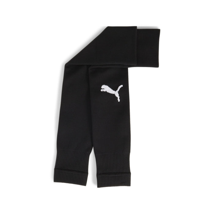 A black Puma teamGOAL Sleeve Sock with white Puma logo on the side, designed for sports uniform use.