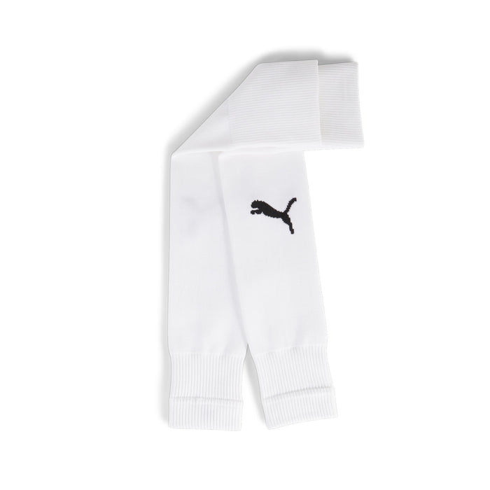 A white Puma teamGOAL Sleeve Sock with white Puma logo on the side, designed for sports uniform use.