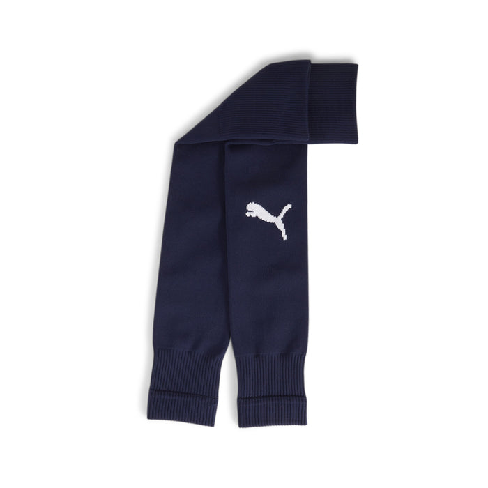 A purple Puma teamGOAL Sleeve Sock with white Puma logo on the side, designed for sports uniform use.