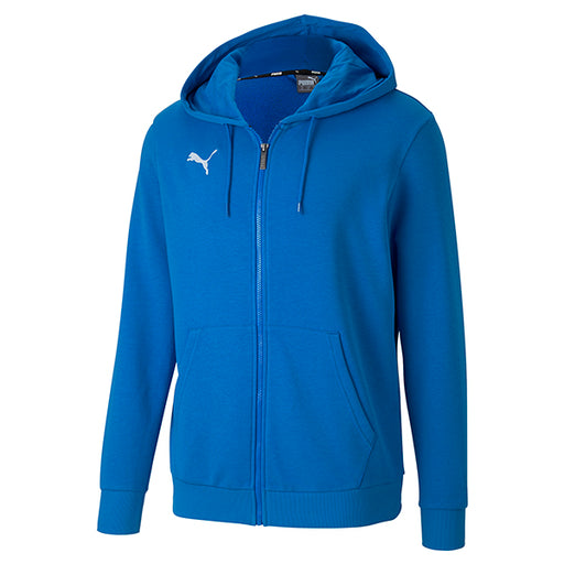 A blue hooded jacket with a front zipper and kangaroo pockets, featuring the Puma brand logo on the chest.