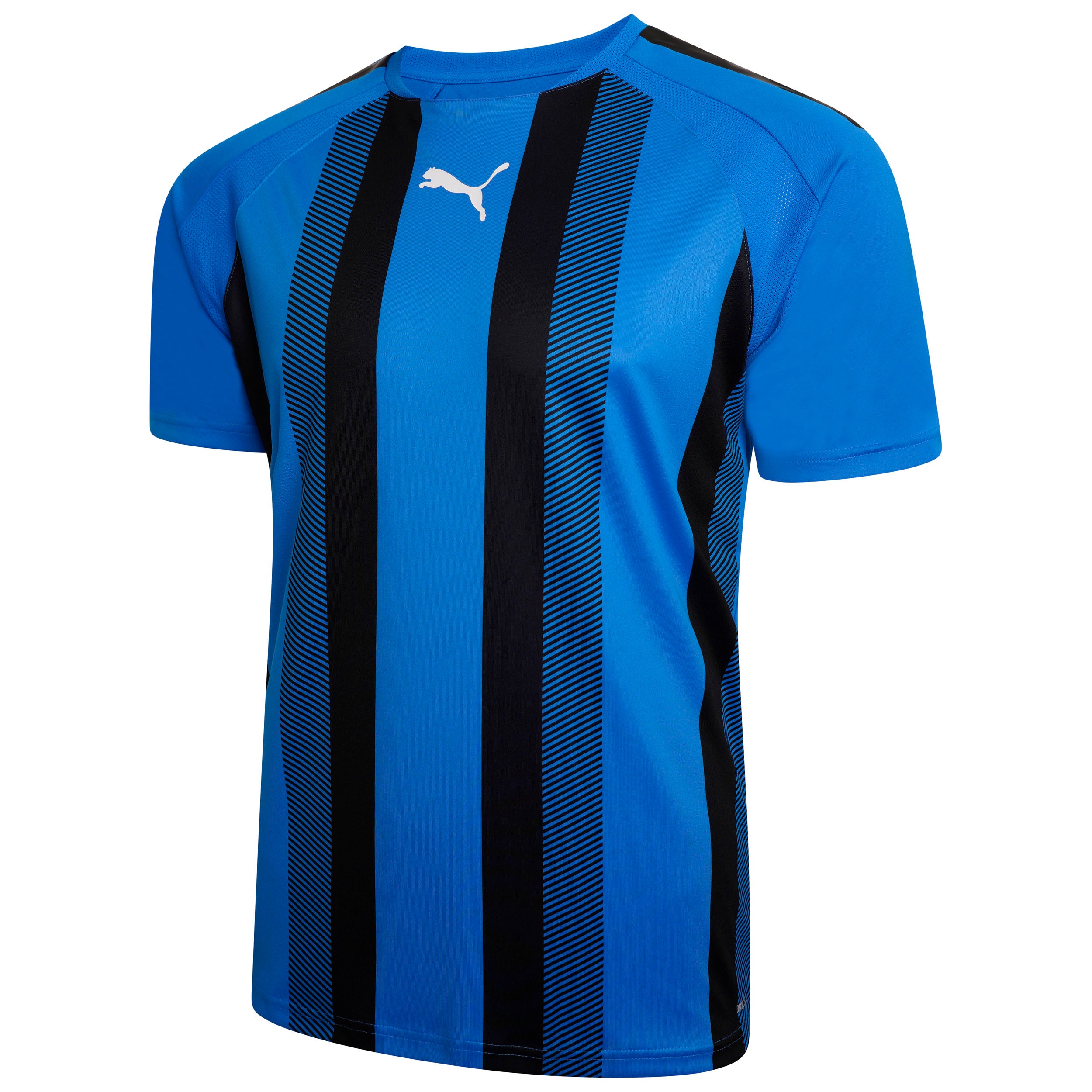 Puma Team Liga Striped Short Sleeve Shirt in electric blue lemonade and black
