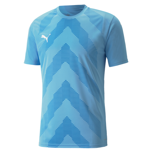 A short-sleeved light blue Puma goalkeeper jersey with a geometric pattern and Puma Cat branding on the chest.