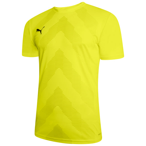 A short-sleeved yellow Puma goalkeeper jersey with a geometric pattern and Puma Cat branding on the chest.
